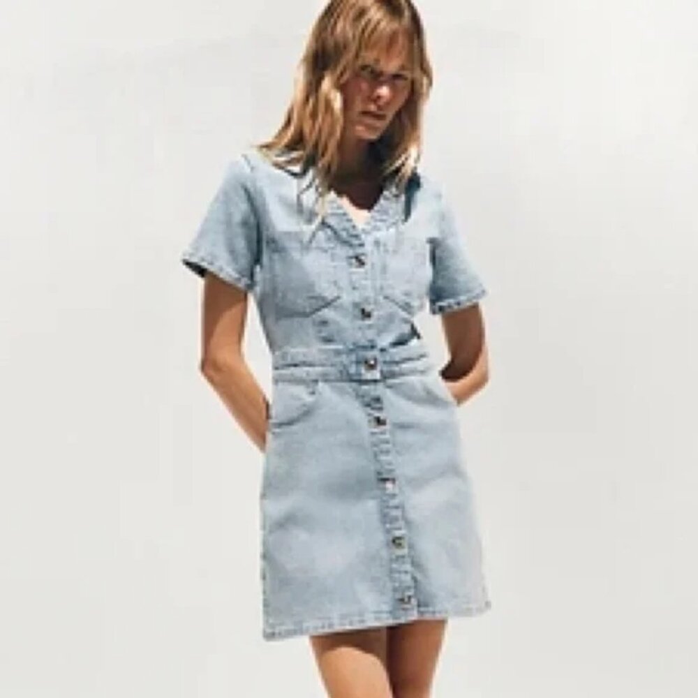 ZARA Women V Neck Short Sleeve Front Button Up Denim Dress Size X Large